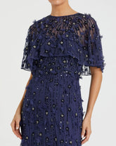 Navy Embellished Illusion Cape Sleeve Trumpet Gown